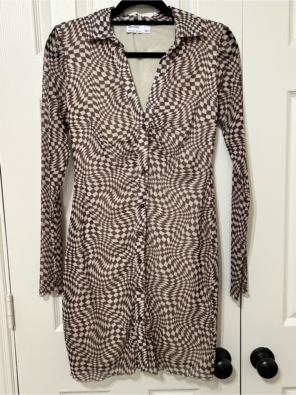 Bershka Brown Optical-Print Long Sleeve mesh button down shirt Dress retro sz L